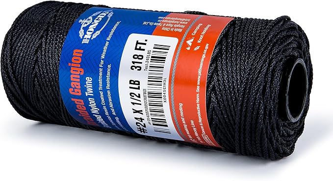 HONGDA Braided Tarred Bank Line Braided Nylon Twine, 318 Feet #24 Bank Line, Black Tarred String 1.85mm for Trotline, Construction, Gear Tying, Jungle Survival