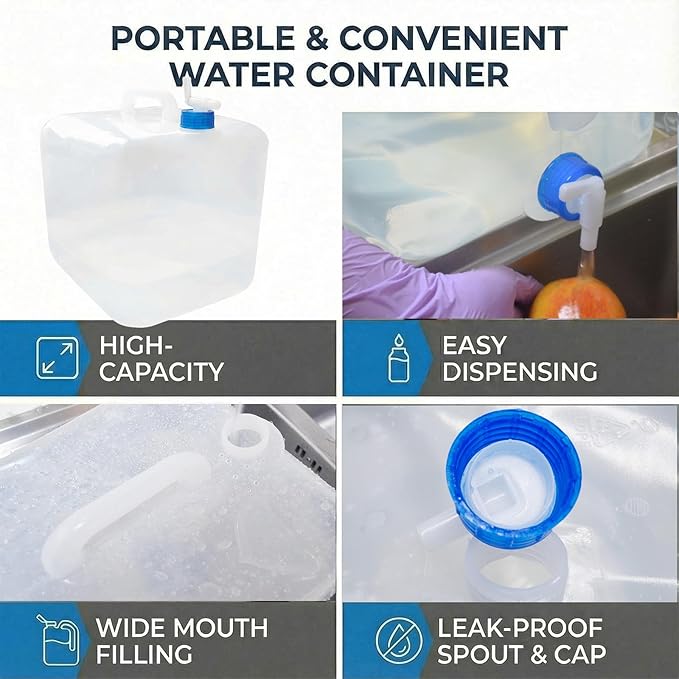 3-Pack 5.3 Gallon (20L) Collapsible Water Containers with Spigot - BPA-Free PE Water Jug - Leak-Proof Water Storage Bag for Camping, Hiking & Emergency Backup - Portable, Foldable