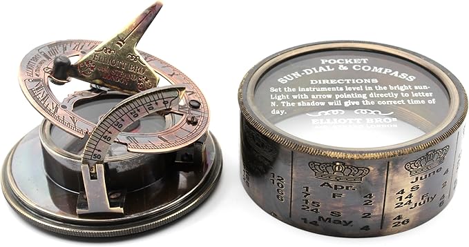 Vintage Brass Sundial Compass with Leather Case | Antique Marine Navigation Instrument & Engraved Calendar | Retro Pocket Compass for Outdoor Adventure, Collectors & Gifts