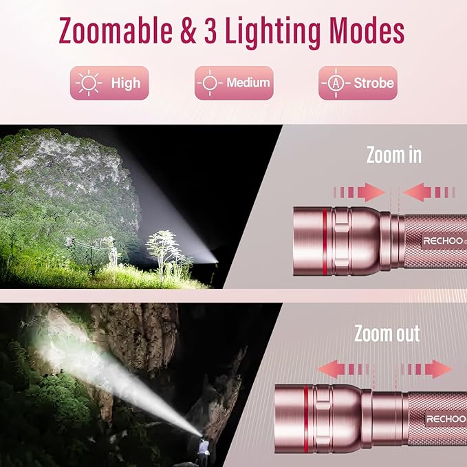 Flashlight Rechargeable High Lumens, G1000 Super Bright Flash Light Pink, Small Zoomable LED Flashlight with 3 Lighting Modes, Portable Tactical Flashlight for Camping Essentials, Gifts for Women