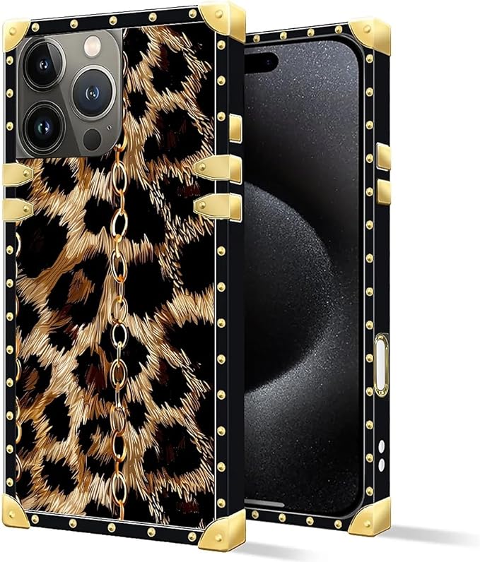 Compatible with iPhone 16 Pro Max Case, Seamless Gold Chain Leopard Luxury Golden Decoration for Girl Women Soft TPU Shockproof Protective Hard PC Back