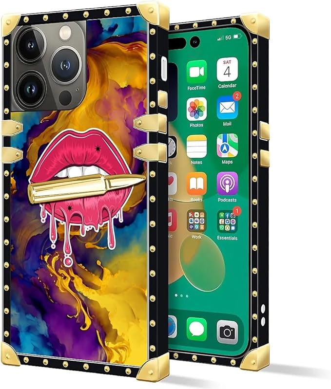 Compatible with iPhone 14 Pro Max Case, Cool Corlorful Lip Marble Luxury Golden Decoration for Girl Women Soft TPU Shockproof Protective Hard PC Back for iPhone 14 Pro Max
