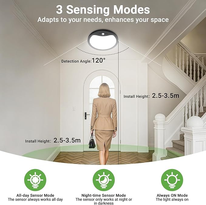 zemty 2Pack 12inch Motion Sensor Ceiling Lights Wired, 24W 2400lm 3CCT/3 Mode/30-120s Timer, Bright Black LED Flush Mount Light Fixture Motion Activated for Closet Pantry Hallways Stairwells Garage