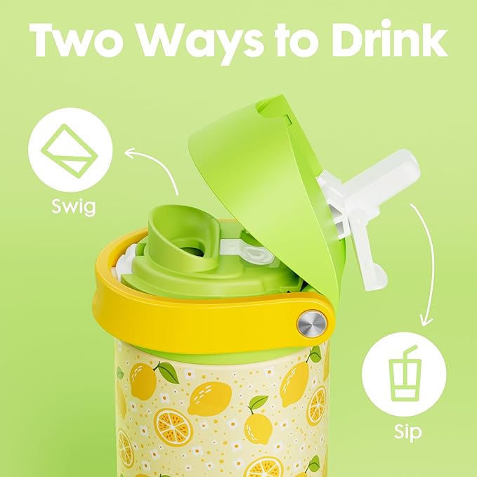 18 oz Stainless Steel Water Bottle for Kids: Meoky Insulated Water Bottle with 2-in-1 Straw and Spout Lid - Leak Proof, Cold for 24 Hours, BPA-Free for Boys Girls School Backpacks Sports, Sunny Lemons