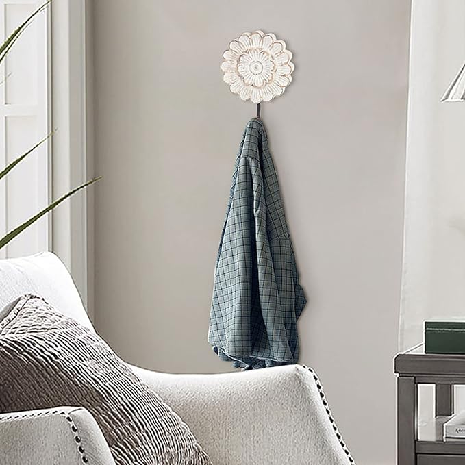 dwellington Distress Wood Flower Coat Hooks for Wall Hanging, Single Small Vintage Decorative Hanger for Keys, Bags, Towels (Long Hanger)