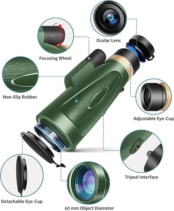 Monocular Telescope 12X60 HD High Power with Smartphone Adapter Tripod,Larger Vision Monoculars for Adults with BAK4 Prism & FMC Lens, Suitable for Bird Watching Hunting Hiking Camping Wildlife-Green