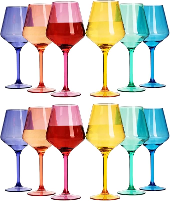European Style Plastic Crystal Unbreakable Stemmed Wine Glasses | Set of 12 | Acrylic Glasses Tritan Bright Colors Shatterproof BPA-free, Outdoor, Pool, Indoor, Hand Wash 17oz Gift, Everyday & Holiday