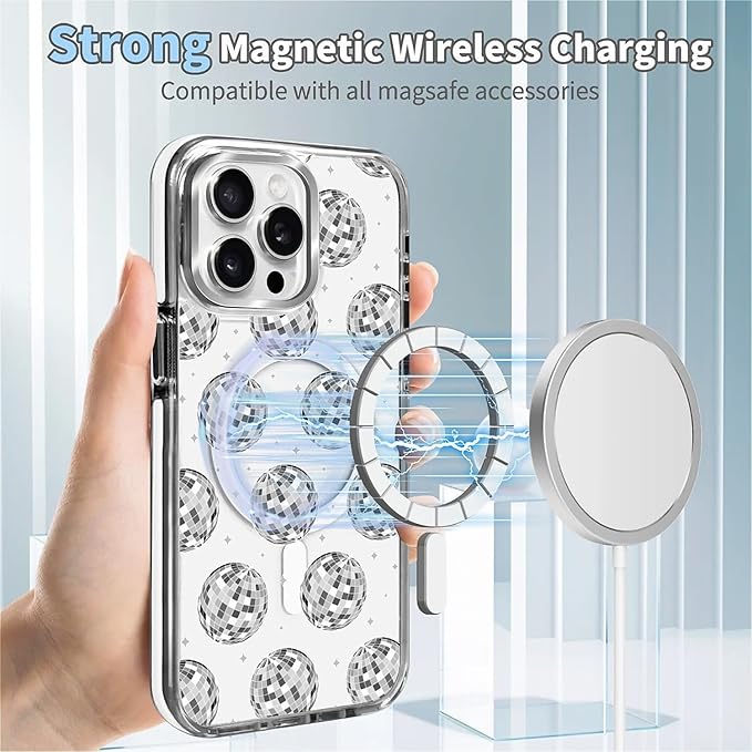 Case for iPhone 15 Pro Max,[Compatible with MagSafe],Disco Ball Grayish White Phone Case Design，for Women Girls Magnetic Clear Cover - Slim, Sleek, & Shockproof Protection