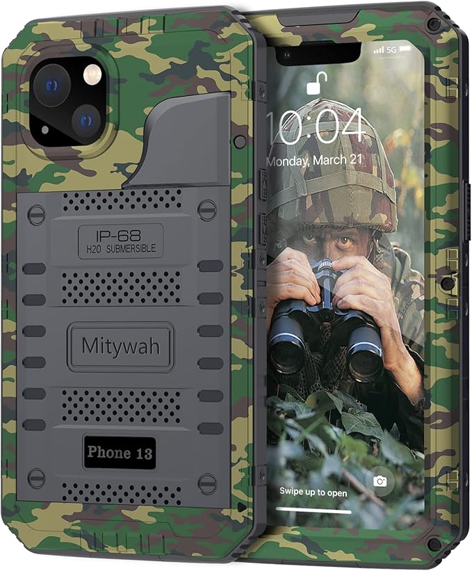 Mitywah Waterproof Case for iPhone 13, Heavy Duty Military Grade Protection Phone Case with Built-in Screen Protector, 360° Full Body Protection Metal Armor Dropproof Case 6.1 inch, Camouflage