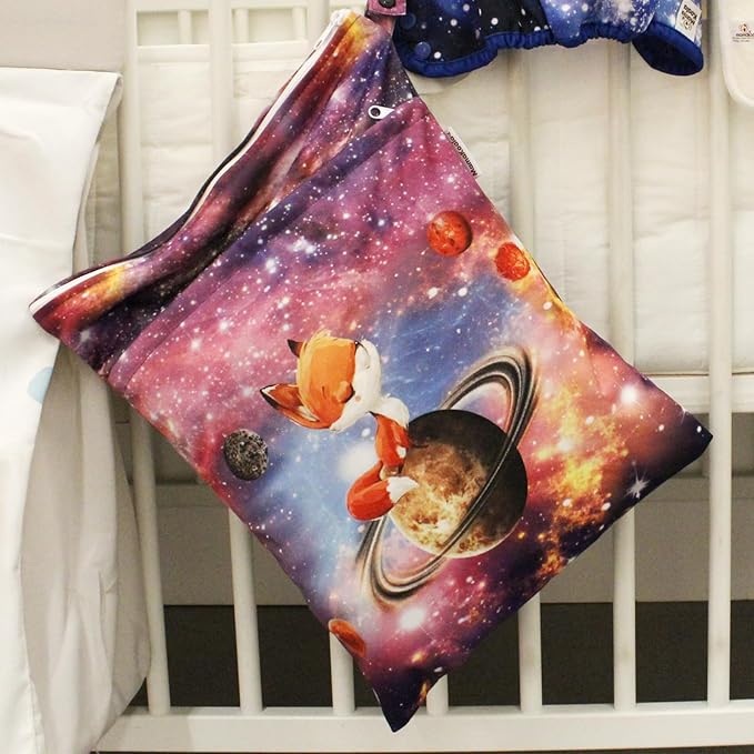 Mama Koala Wet Dry Bags, Portable Washable Reusable Baby Cloth Diapers Bags, 2pcs Medium Size for Travel Beach Laundry Pool Gym Yoga (WB-Space Travel)