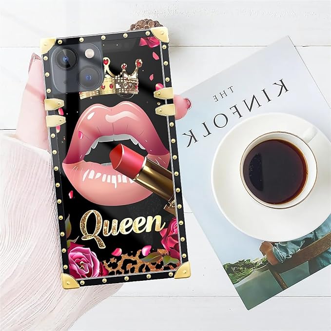 Compatible with iPhone 15 Case, Glitter Red Rose Queen Leopard Lipstick Luxury Golden Decoration for Girl Women Soft TPU Shockproof Protective Hard PC Back for iPhone 15