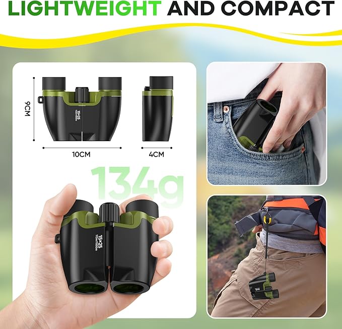 Compact Binoculars for Adults and Kids with BAK4 Prism,15x25 FMC Lens Waterproof Binocular with Low Light Vision,Small Binoculars for Cruise Ship Bird Watching (Green)