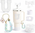 6PCS White Stanley Cup Accessories Set Fit for Stanley Cup 30oz 40oz. Including Handle Charm, Personalized Initial Sticker, Straw Topper, Sparkly Silicone Boot, Spill Proof Stopper (Letter-U)