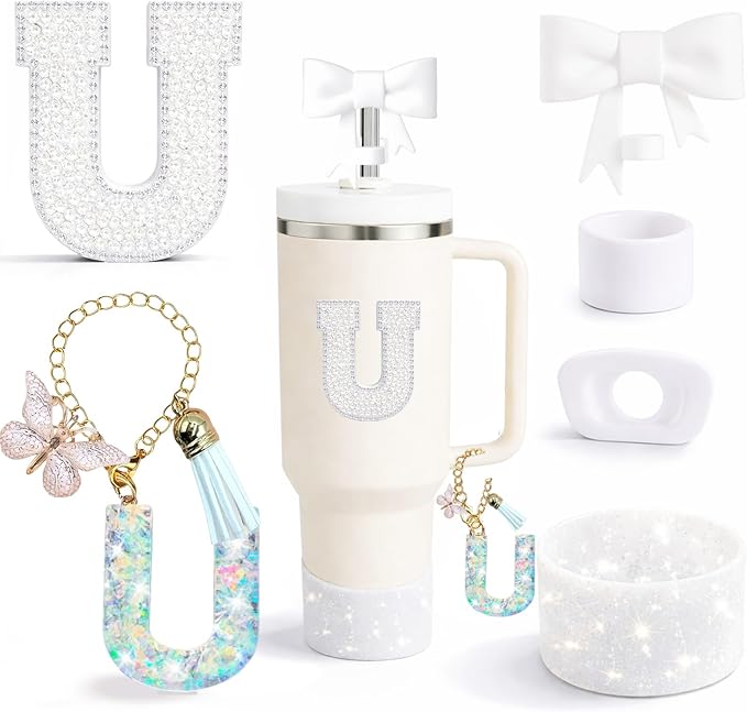 6PCS White Stanley Cup Accessories Set Fit for Stanley Cup 30oz 40oz. Including Handle Charm, Personalized Initial Sticker, Straw Topper, Sparkly Silicone Boot, Spill Proof Stopper (Letter-U)
