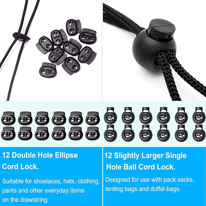 ZUSHALLMY 48pcs Upgraded Plastic Cord Lock, Cord Locks - Draw String Clip with Spring Toggle Stoppers Buttons for Drawstrings, Shoelaces, Paracord