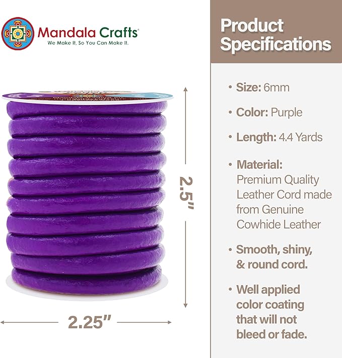 Mandala Crafts Round Genuine Purple Leather Cord for Jewelry Making – 6mm Cowhide Leather Rope String Lace for Kumihimo – 4.4 Yards Cowhide Craft Cording Spool