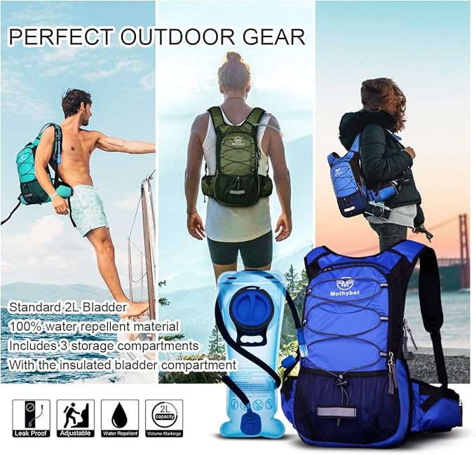 Mothybot Hydration Pack, Insulated Hydration Backpack with 2L BPA Free Water Bladder and Storage, Hiking Backpack for Men, Women, Kids for Running, Cycling, Camping - Keep Liquid Cool up to 5 Hours