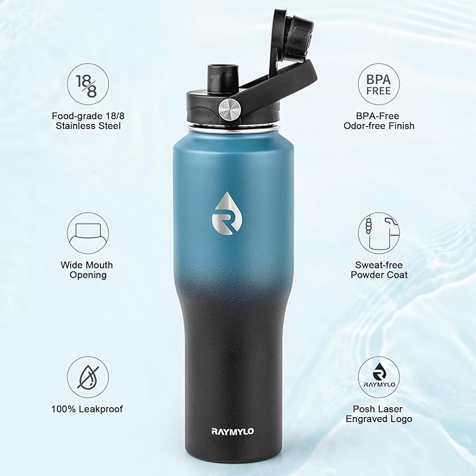 RAYMYLO 32 oz Insulated Water Bottle with Straw fit in Car Cup Holder, Triple Wall Vacuum Stainless Steel(Cold 48 hrs, Hot 24 hrs), Leakproof & Non-BPA, Hydro Travel Flask with Straw and Spout Lid
