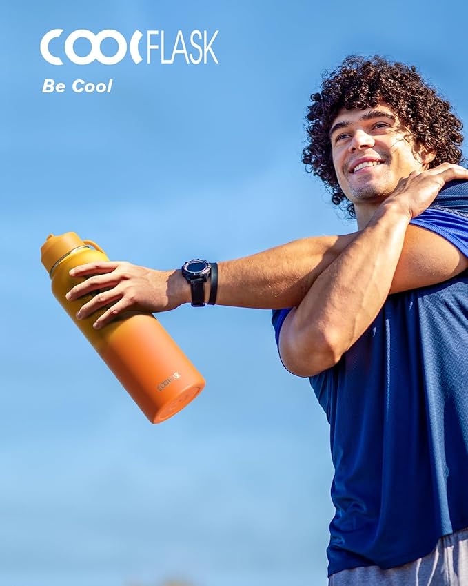 Water Bottle 40 oz Insulated with Straw&Brush, Coolflask Vaccum Stainless Steel Metal 3 Lids Water Flask for Sports, Gym or Office, Keep Cold 48H Hot 24H, Ombre Yellow/Orange