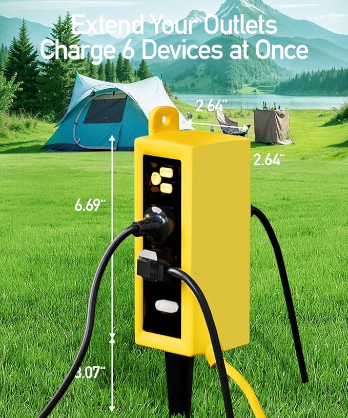 Outdoor Power Strip Weatherproof, ZZJ IP69 Grade Waterproof Surge Protector, 25 FT Outdoor Extension Cord with Stake, 6 AC Outlets,14 AWG Heavy Duty Cord for Outdoor Patio Garden-Yellow