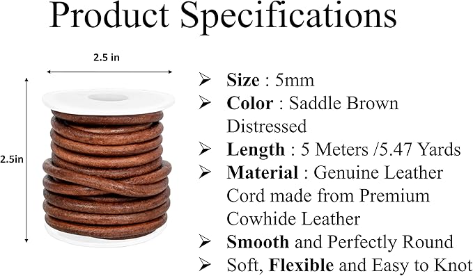 GENIQUE Real/Genuine Round Leather String Cord for Necklace, Bracelets, Jewellery, Braiding (5mm, Saddle Brown Distressed)