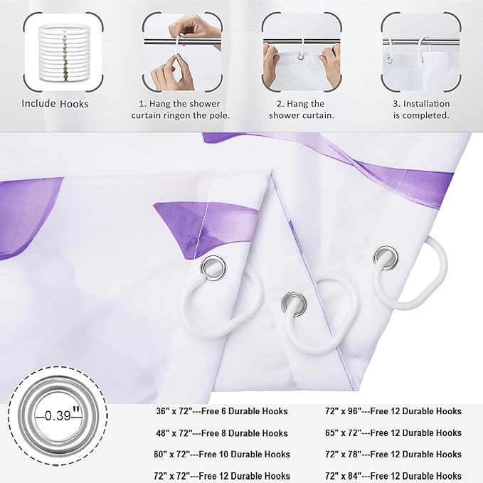 Purple Bow Shower Curtain, Purple and White Modern Aesthetic Bowknot with Polka Dot Cute Girly Bathroom Curtain Waterproof Fabric Machine Washable with Hooks, 72" Wx96 L