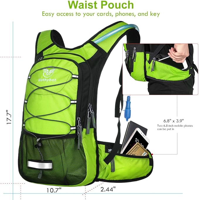 Mothybot Insulated Hydration Backpack Pack with 3L BPA Free Leak Proof Water Bladder, Large Storage Lightweight Hiking Daypack with Waist Pouches & Cooler Layer, for Running, Biking, Camping, Festival
