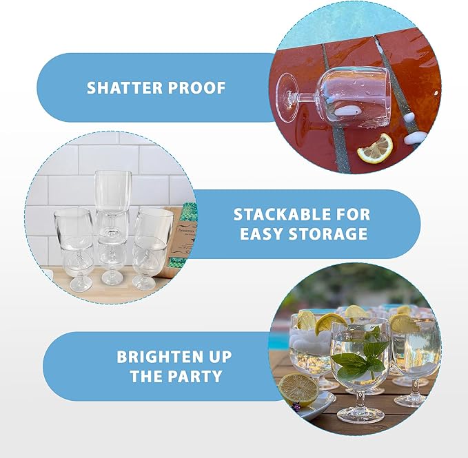 Lily's Home Unbreakable Plastic Wine Glasses Set of 8, 12 oz Shatterproof Stackable Tumblers, Reusable BPA Free Goblets for Indoor and Outdoor Use. Made in Taiwan (Clear)