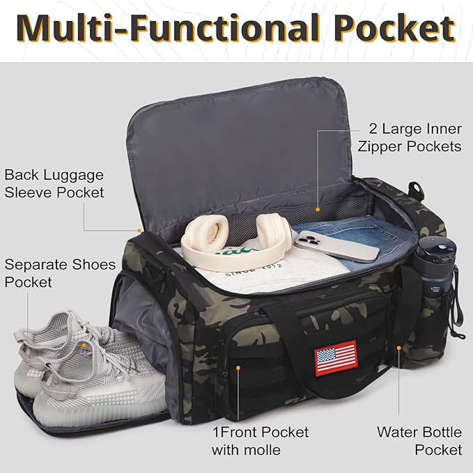 Tactical Gym Bag for Men, 60L Large Capacity Duffle Bags with Shoes Compartment, Sports Bag with wet compartment, Multi-functional Weekend Bags Suitable for Travel, Camping,hiking