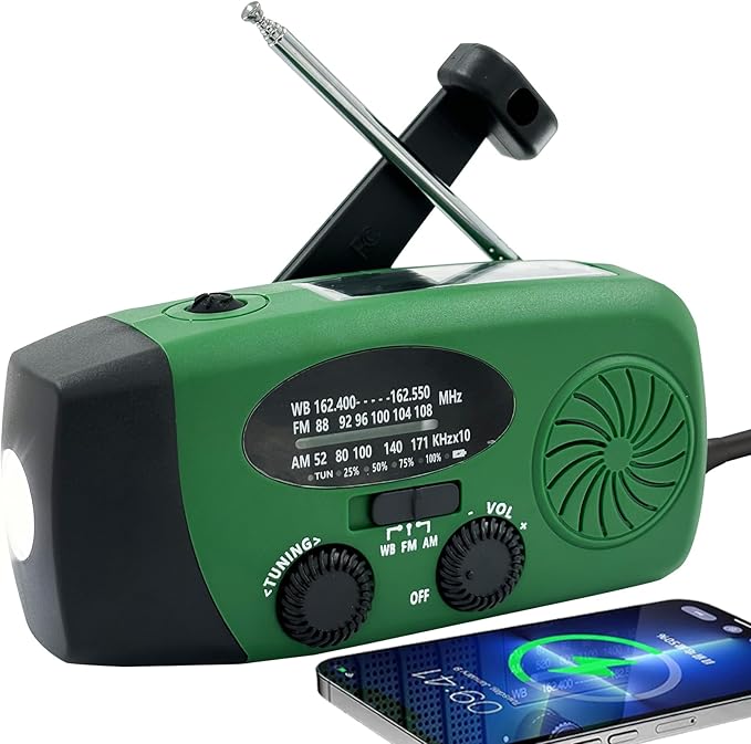 Emergency Hand Crank Radio with LED Flashlight for Emergency, AM/FM NOAA Portable Weather Radio with 2000mAh Phone Charger, USB Charged & Solar Power for Camping, Emergency (Army Green)