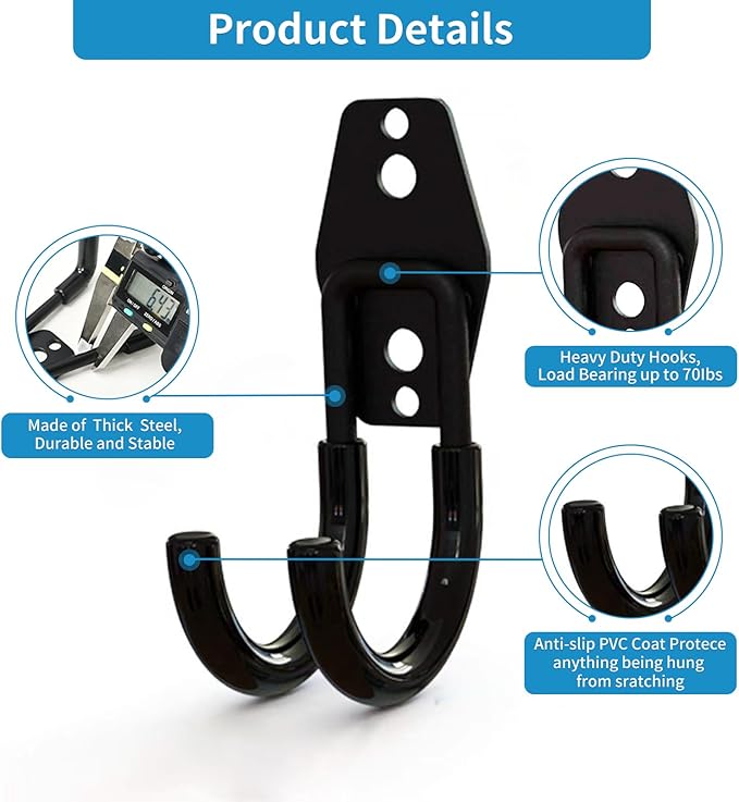 GeeWatom 2 Pack Garage Storage Utility Hooks，Garage Garden Tool Organizer，Steel Wall Mount Hooks, Garden Small U Hooks (Type O-Black)
