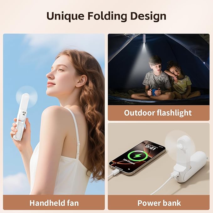 Mini Portable Handheld Fan,USB Rechargeable 3 IN 1 Personal Cooling Fans,Small Foldable Pocket Fan with LED Flashlight for Travel & Emergency Essentials,Outdoor White