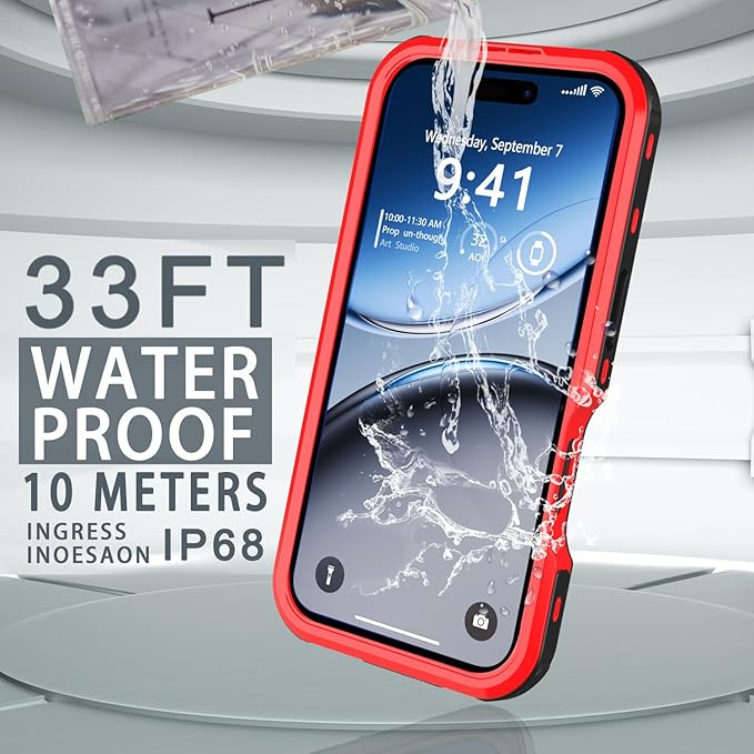 for iPhone 16 Case Waterproof, [Shockproof] [Dustproof] [IP68 Waterproof] Full-Body Hard Case Built-in [Lens Screen Protection] for Diving Case (Red, for iPhone 16 6.1in)