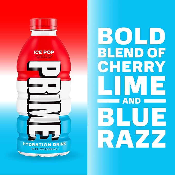 PRIME HYDRATION Variety, Berry Freeze, Cherry Freeze, & Ice Pop Sports Drinks, Electrolyte Enhanced to Replenish Fluids, Zero Added Sugar, B Vitamins, Antioxidants, Natural Flavors, 12 Fl Oz, 15 Pack