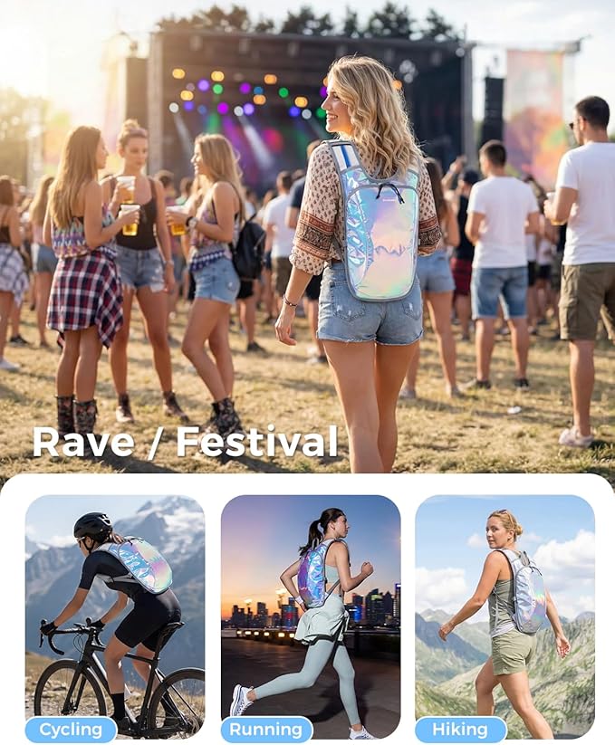 Blue Quartz Rave Hydration Backpack, Reflective Hiking Pack with 2L Water Bladder & Phone Pocket, Hydro Pack with Insulated Compartment for Festival Running Cycling for Men Women