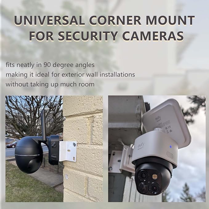 Outdoor Corner Security Camera Mount - White Metal Bracket for CCTV Surveillance System, Exterior Wall/Eaves/Stairwell Installation with Hardware Kit (1-Pack)