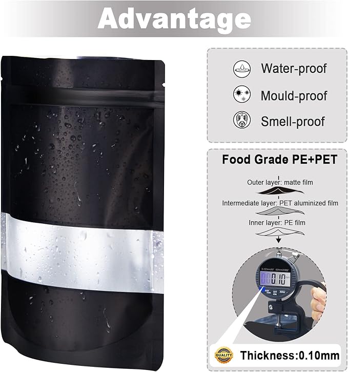 4.7"x7.8" 120pcs Mylar Bags for Food Storage,Smell Proof Bag with Matte Window Resealable Food Storage Bags for Small Business, Stand-up Foil Pouch Packaging Freeze Dried Candy Bag(Black)
