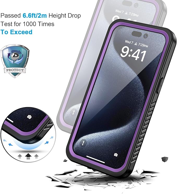 Lanhiem for iPhone 15 Pro Case, IP68 Waterproof Dustproof Shockproof Cases with Built-in Screen Protector, Full Body Sealed Protective Front and Back Cover for iPhone 15 Pro - 6.1 inch (Purple)