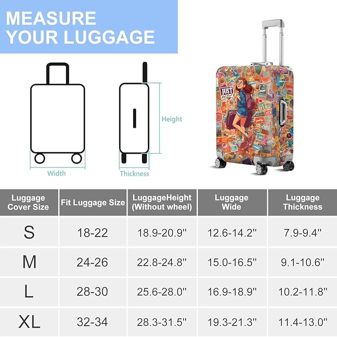 ANNA QUEEN Vintage Travel Stickers Gir Luggage Cover -Stretchable Airplane Suitcase Protector Sleeve,Universal Washable Fit for 32-34 Inch Checked Baggage,Water Resistant Durable Luggage Protector