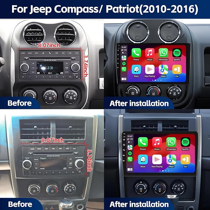 10.2 Inchs Car Stereo Radio Upgrade for Jeep Compass Patriot 2010 2011 2012 2013 2014 2015 2016 with Wireless CarPlay/Android Auto/SWC/Touch Screen/Android12/GPS Navigation/HD Backup Camera