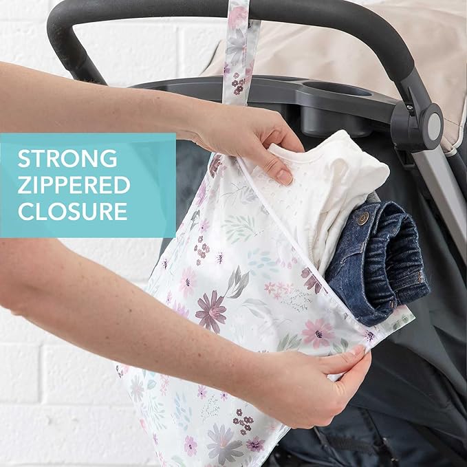 Bumkins - Waterproof Wet Bag - For Baby, Travel, Swim Suit, Cloth Diapers, Pump Parts, Pool, Gym, Toiletry, Strap to Stroller - Reusable & Easy to Clean - 2pk - Floral Gray