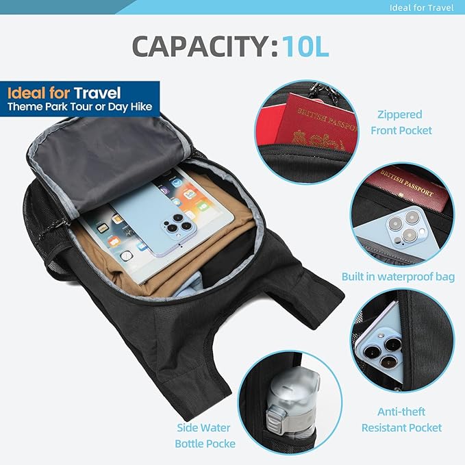 10L Foldable Lightweight Backpack – Packable Travel Daypack for Hiking, Cycling & Everyday Use – Water-Resistant Travel Bag with Multi-Pocket Design for Women & Men(Black)