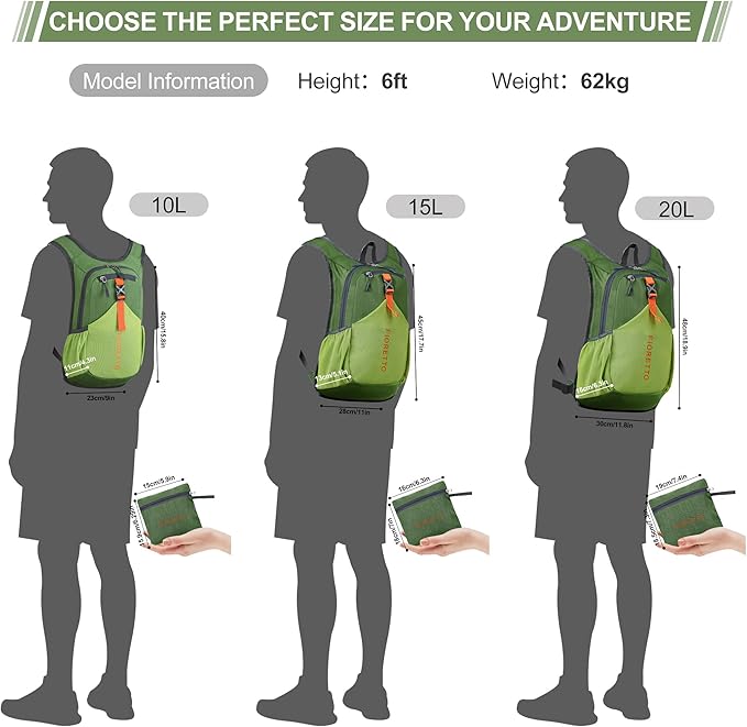 FIORETTO 10L Lightweight Packable Hiking Backpack Small Foldable Daypack for Women Men Compact Travel Backpack for Camping & Outdoor, Green