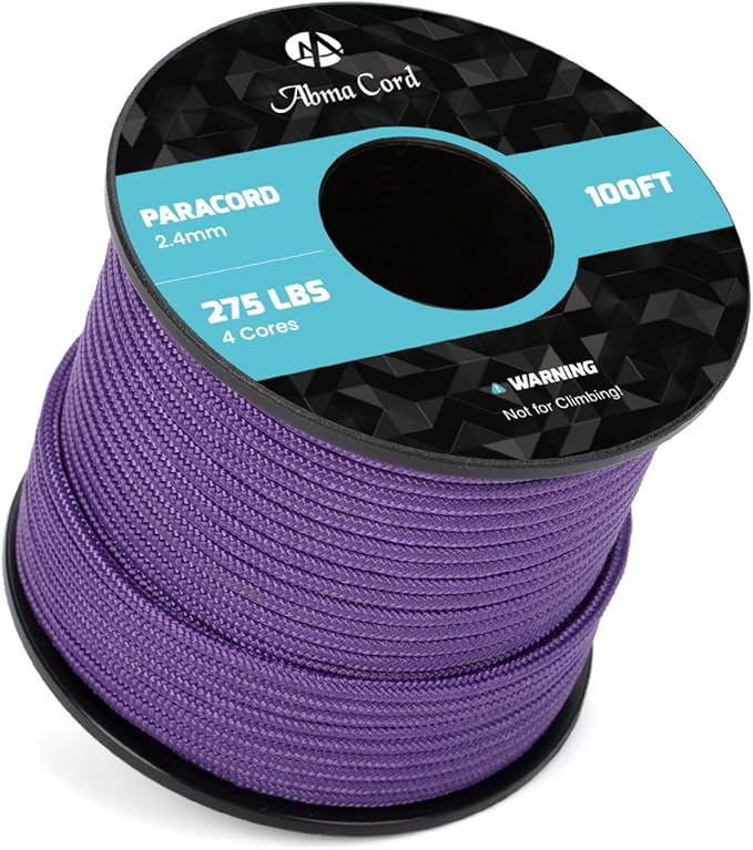 Abma Cord 2.4mm Paracord 275 100ft Nylon Rope 4 Strands Tactical Parachute Cord - Max. 275lbs - Purple
