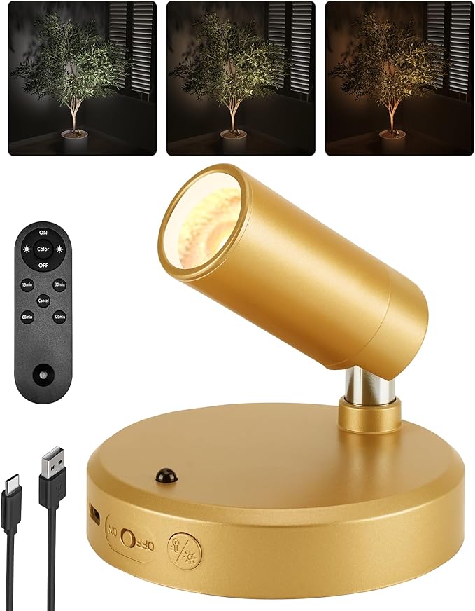 EZVALO LED Spotlight Indoor, 5500mAh Rechargeable Battery-Powered Picture Lights, Wireless Mini Art Accent Spotlights with Remote, Uplighting for Plants, Display, Artwork (1-Pack-Gold)