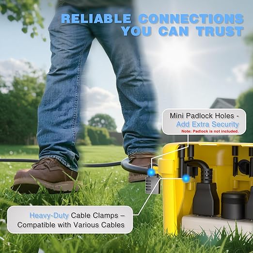 Flemoon Medium Outdoor Electrical Box (11.5x5.2x4 inch), IP54 Waterproof Extension Cord Cover w/6 Cable Entry Ports, Weatherproof Connection Box for Power Strip, Timer, Plug, Holiday Lights, Yellow