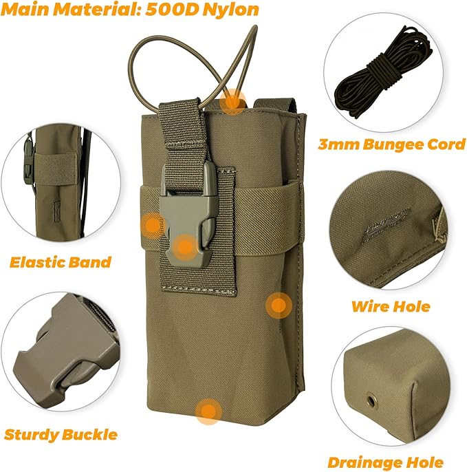 Radio Holster Walkie Talkie Pouch - 500D Nylon Molle System 3mm Bungee Storage Bag for Utility Tactical Belt Accessory Fits Standard Handset