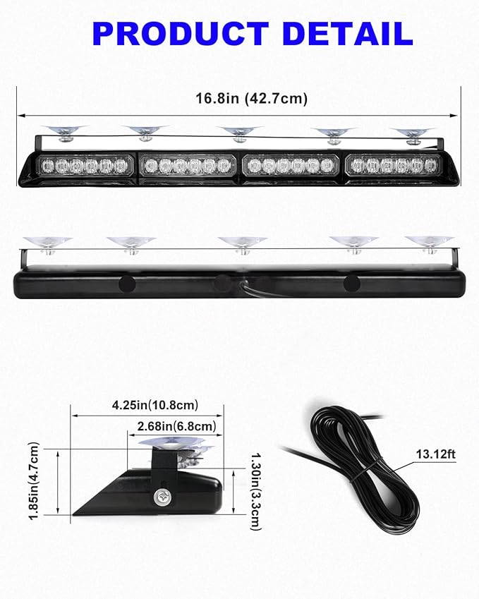 HLauto 6Z4J Emergency Dash Strobe Lights: 2x16.8 inch Blue Safety Lights, 48 LED Flashing Warning Hazard Interior Windshield Visor Traffic Light Bar for Trucks, Construction Vehicles
