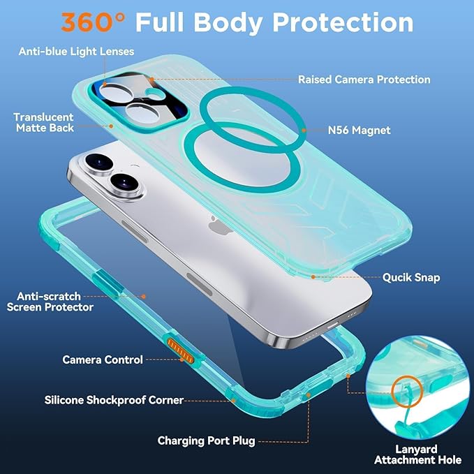 WIFORT for iPhone 17 Waterproof Case, [Fit for Magsafe] with Sapphire Lens & Screen Protector, IP68 Full Body 15FT Military Shockproof, Magnetic Frosted Phone Cover with Lanyard, 6.3" Teal