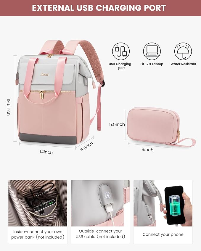 LOVEVOOK 17.3 Inch Laptop Backpack for Women, Large Capacity Travel Backpack with Organizer Bag, Waterproof Carry on Backpack Work Bag with USB Port, Teacher Nurse Backpack Purse, 2PCS, Grey-Pink